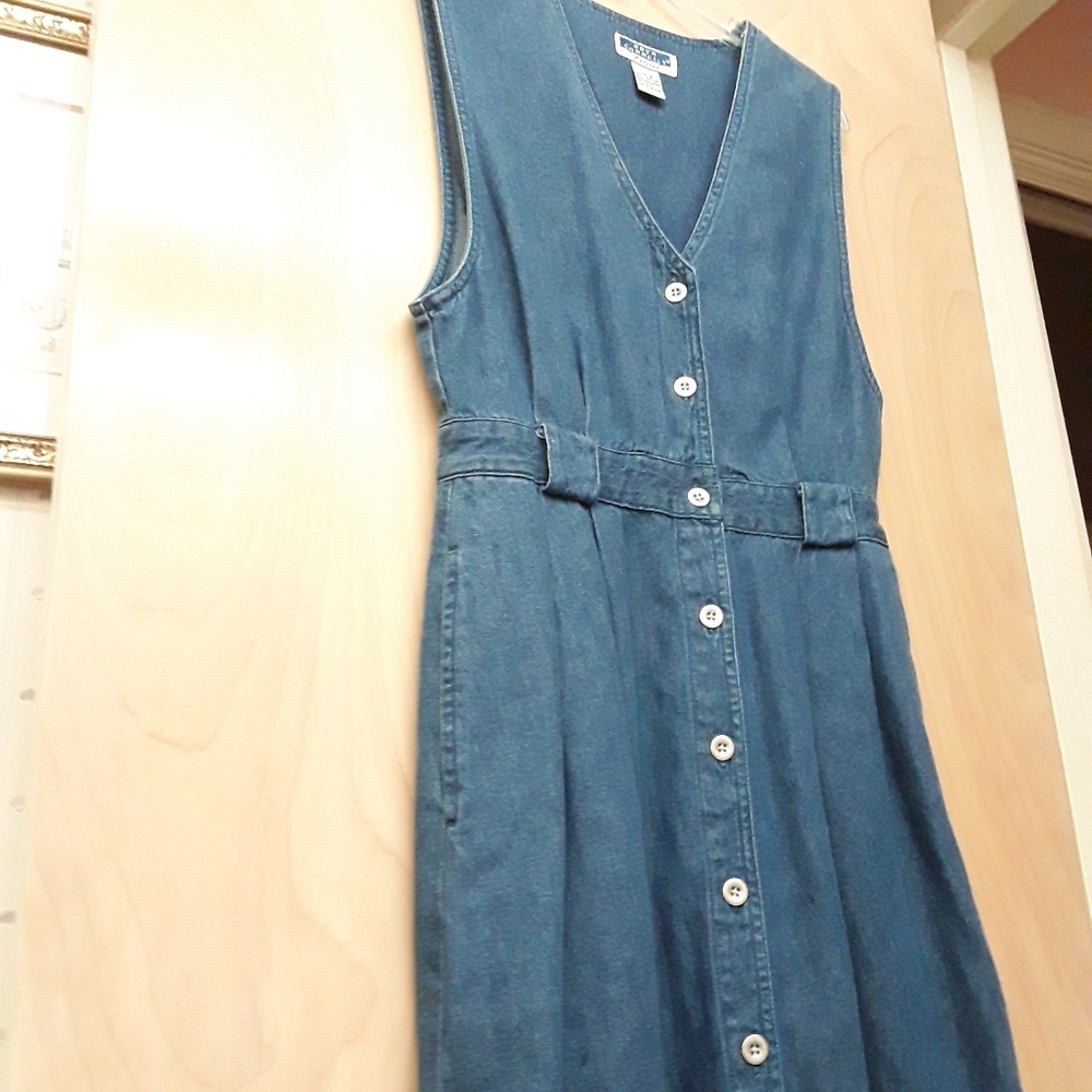 Vintage Denim Blue Navy Button Maxi Dress Belted